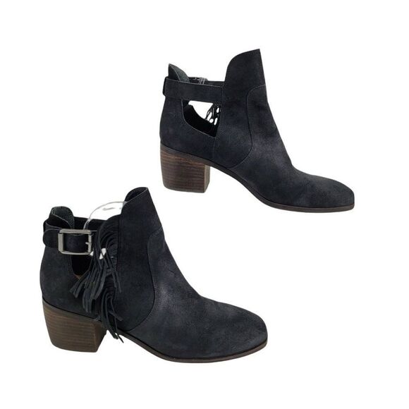 Lucky Brand Makenna Leather Fringe Block Chunky Cut Out Ankle Bootie Black Sz 10 - Picture 1 of 11